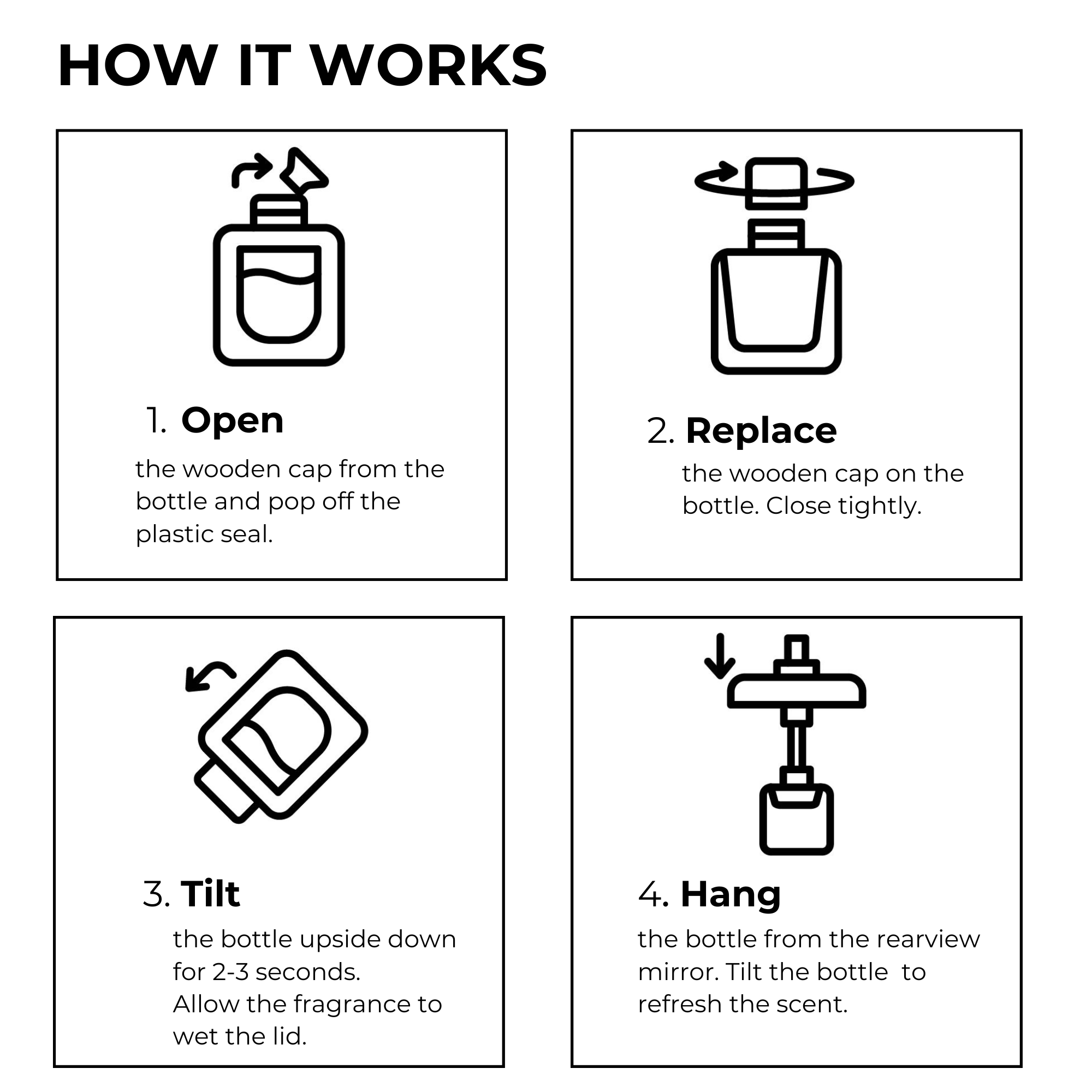 Instruction diagram showing how to open, replace, tilt, and hang Bright Spot summer car air freshener set