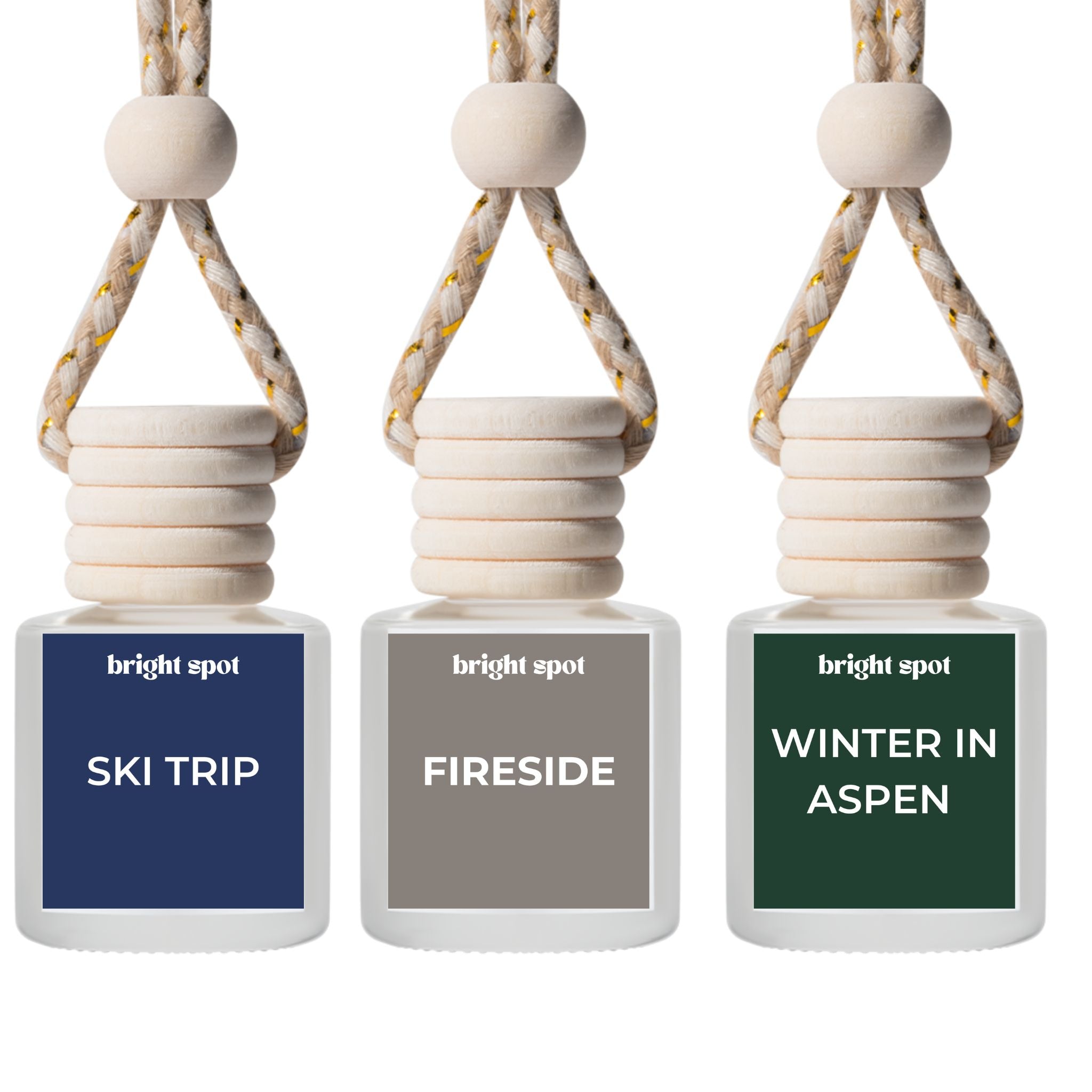 Bright Spot winter car freshener set with Ski Trip, Fireside, and Winter in Aspen scents